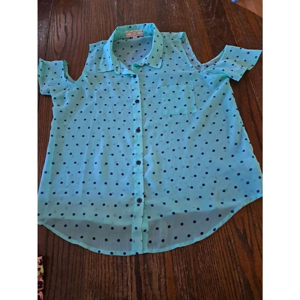 Large Pink Rose Green Cold Shoulder Short Sleeve Semi Sheer Button Front Blouse